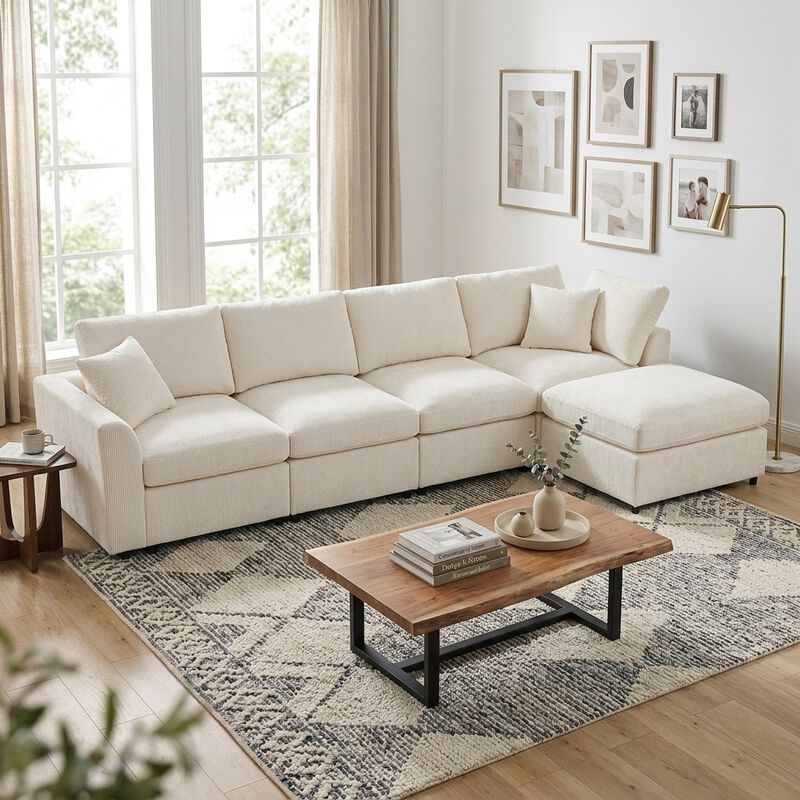 Merax Chenille Sectional Sofa with Detachable Ottoman, High-Density Foam & Pocket Springs image number 1