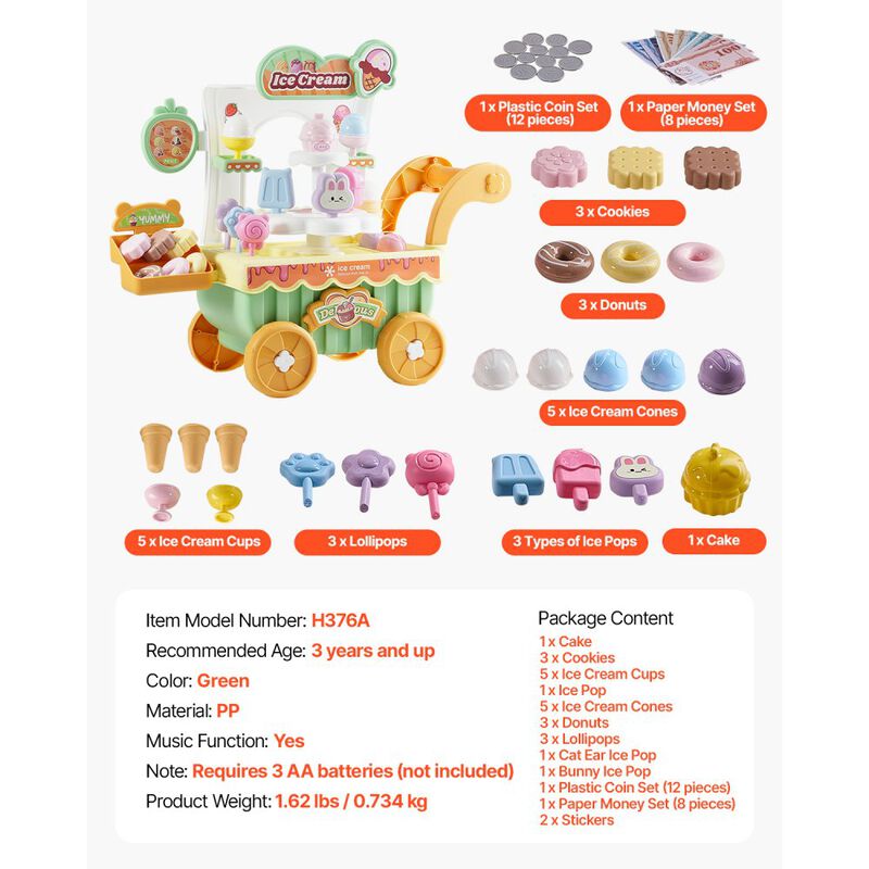 Kids Ice Cream Cart Toy, 27 PCS Pretend Play Store with Lights & Sounds image number 2
