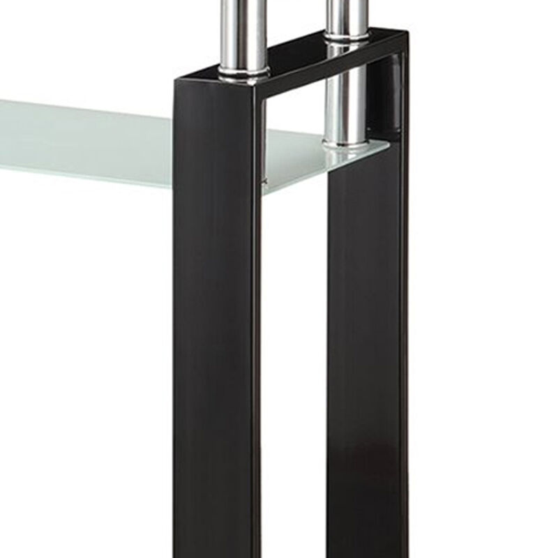 48 Inch Modern Sofa Console Table, Frosted Glass Shelf, Chrome, Black-Benzara