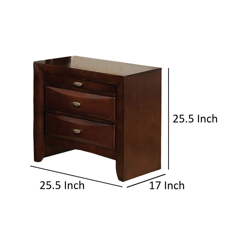 Simo Nightstand, Spacious Top, Nickel, 3 Drawers, Cherry Brown Solid Wood - Benzara