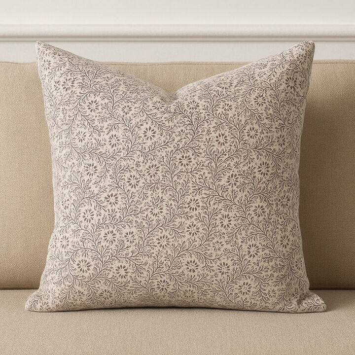 HomeRoots 22" Beige And Merlot Botanical Linen Throw Pillow Cover with Embroidery