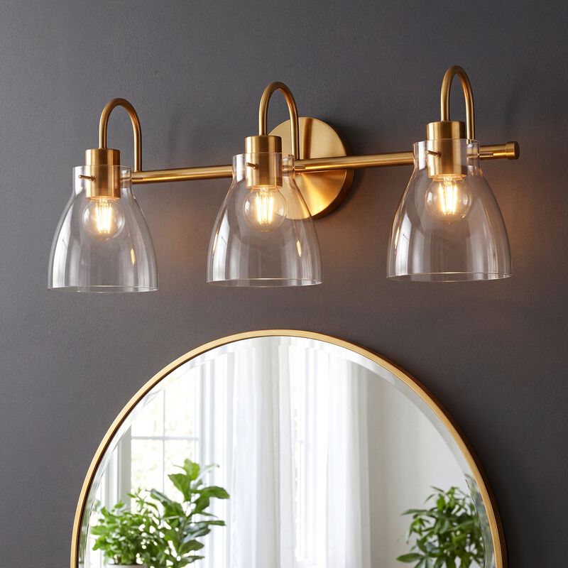 Brushed Brass Bathroom Vanity Light, Three-Light Clear Glass Shades image number 1