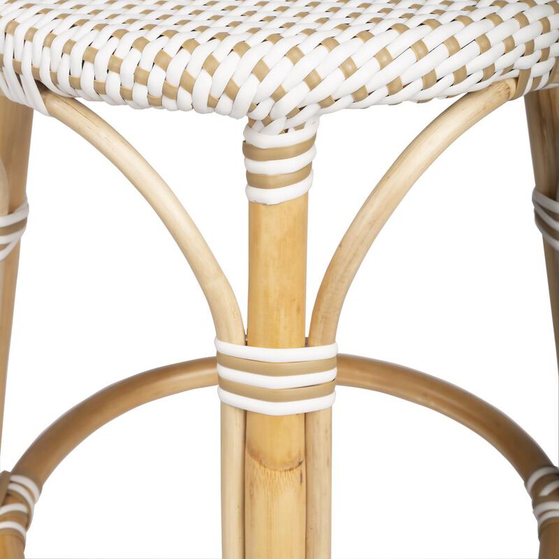 Butler Specialty Tobias Rattan Round 24 Counter Stool, White and Tan Dot