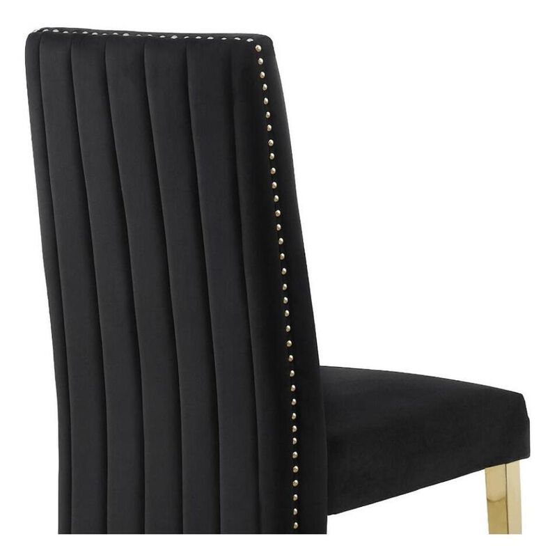 Set of 2 Black Velvet Tufted Side Chairs with Gold Legs and Nailhead Trim