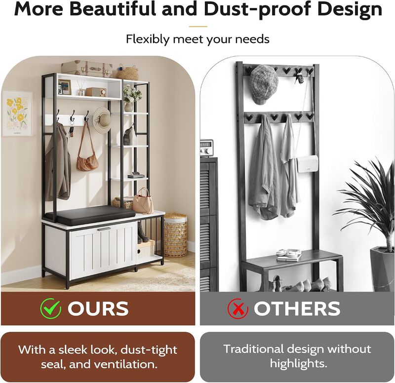 Hall Tree with Bench and Shoe Storage, 39.4" Entryway Bench with Coat Rack freestanding, Wall Rack 4 Hooks and Shelves, 39.37" x 15.74&ldquo; x 69.69" image number 7