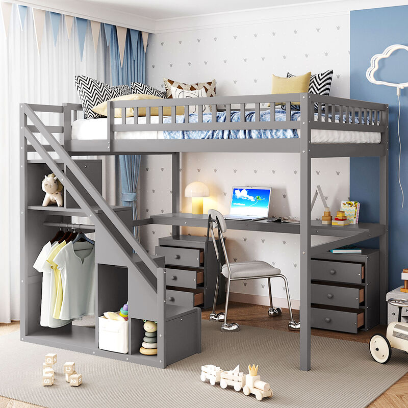 Merax Full Size Loft Bed with Independent Staircase, Desk and LED Lights image number 3