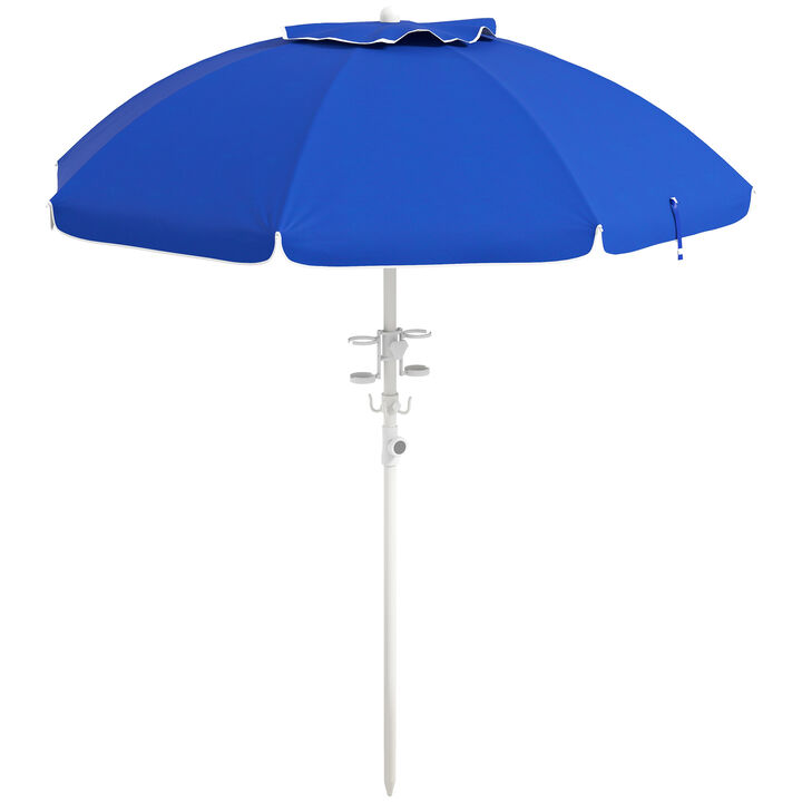 Outsunny 5.7' Portable Beach Umbrella with Tilt, Adjustable Height, 2 Cup Holders, Hook, Ruffled Outdoor Umbrella with Vented Canopy, Blue
