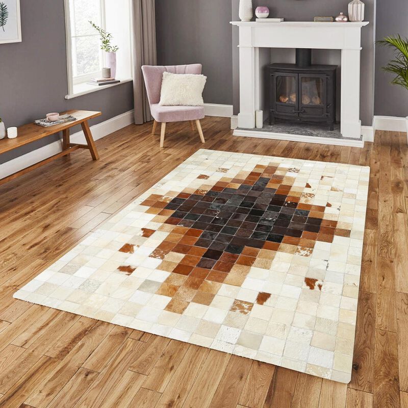 Brown and Cream Ombre Diamond Pattern Cowhide Patchwork Rug image number 1