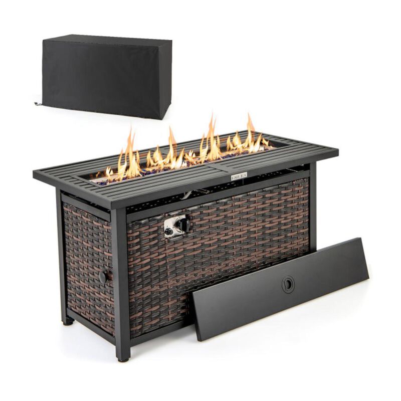 Hivvago 45 Inch Propane Rattan Firepit Table with Glass Stones and Protective Cover-Mixed Brown image number 0