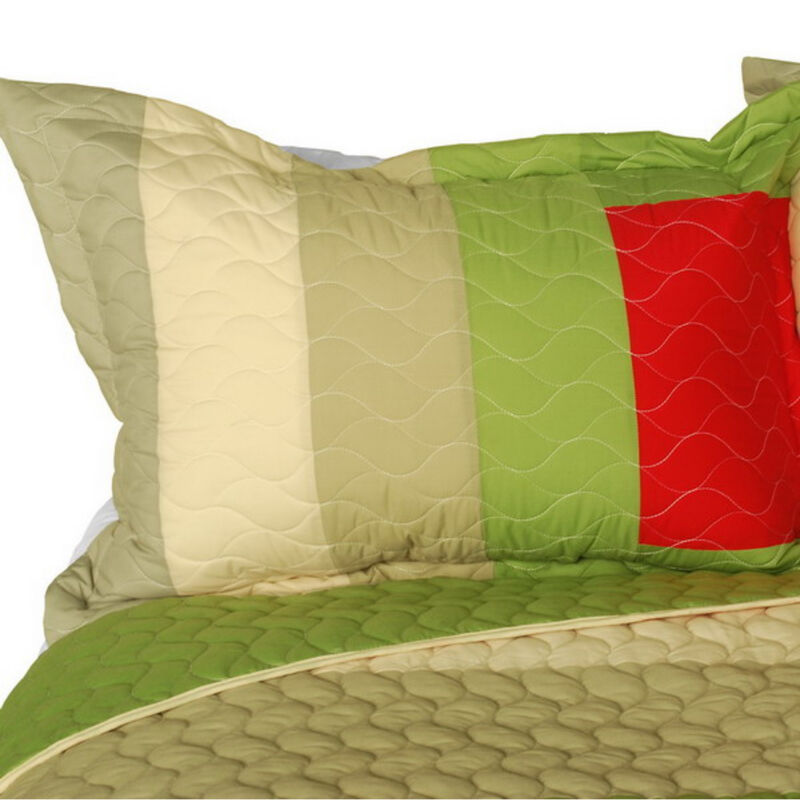My Garden Queen Size Geometric Patchwork Quilt Set 3 Piece with Quilted Stitch Detail-Green image number 3
