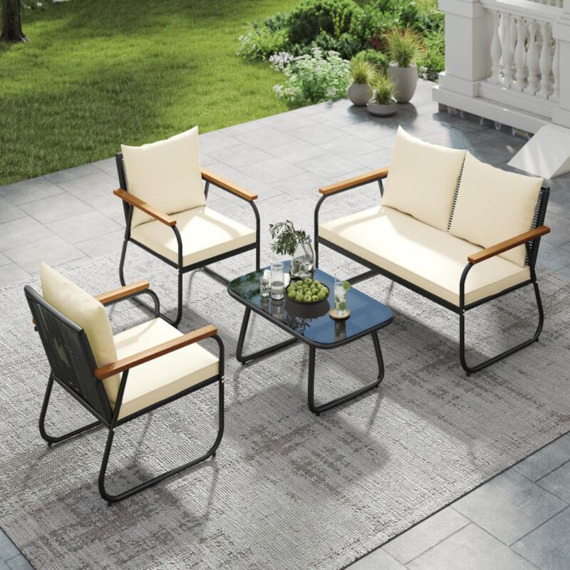 Hivvago 4 Pieces Patio Furniture Set with Tempered Glass Coffee Table