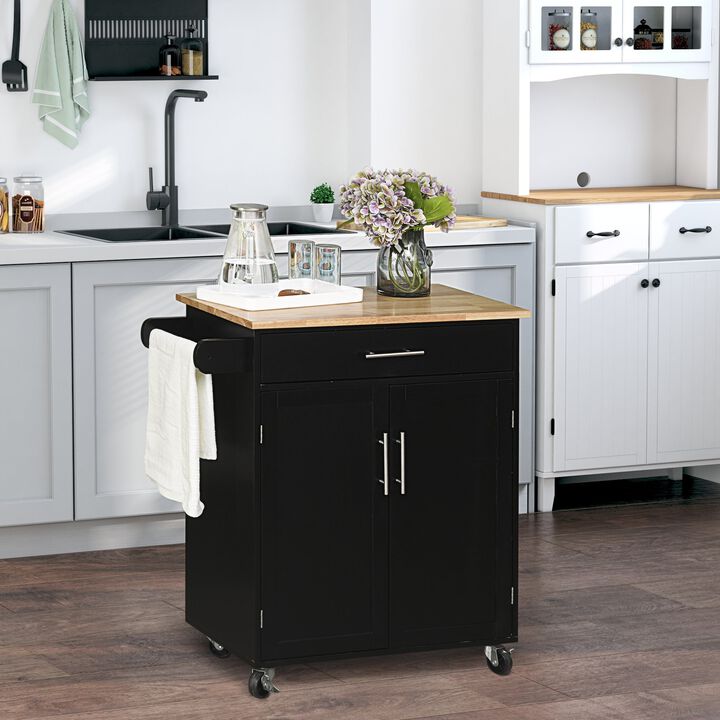 Black Kitchen Trolley: Portable Storage with Rubberwood Top