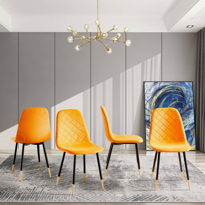 Orange Velvet Tufted Accent Chairs with Golden Color Metal Legs, Modern Dining Chairs for Living Room, Set of 2
