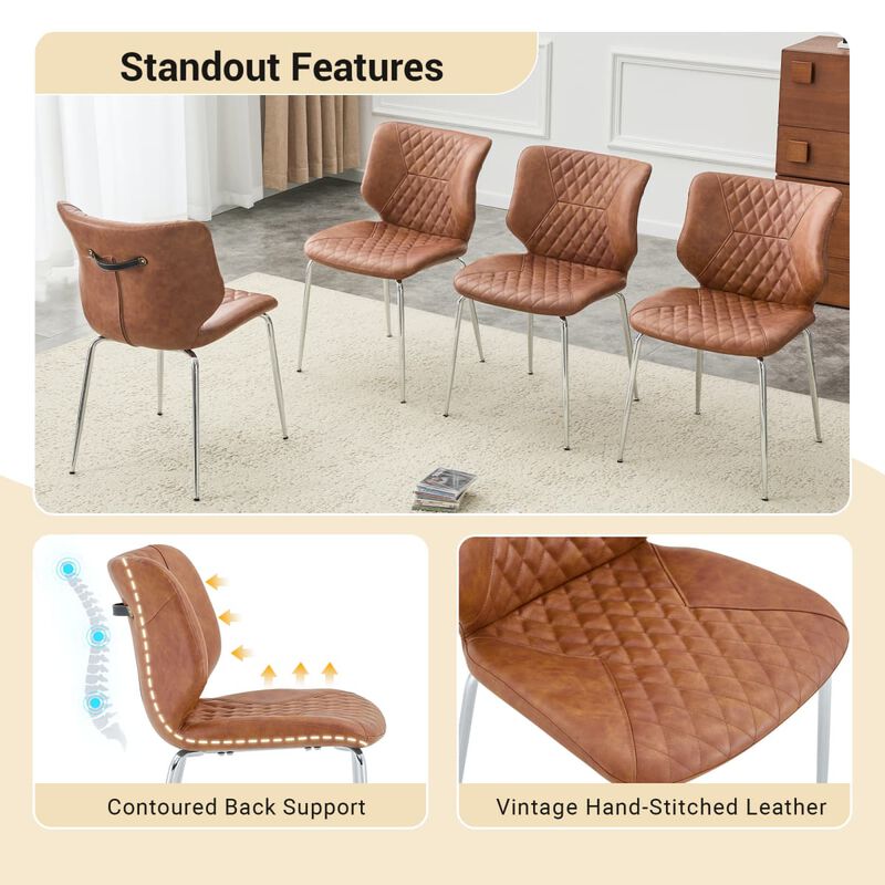 Set of 2 Leather Dining Chairs Square High Back Dining Chairs with Diamond Tufting Retro Dining Chairs with Metal Legs and Back Handle image number 5