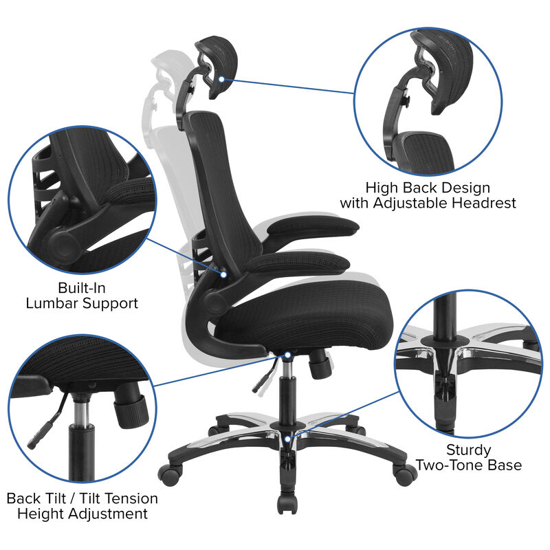Kelista High-Back Black Mesh Swivel Ergonomic Executive Office Chair with Flip-Up Arms and Adjustable Headrest image number 3