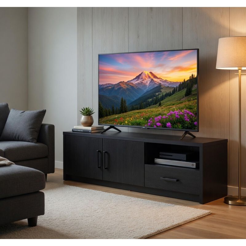 Marge TV Stand Media Console, 2 Doors and Drawer, Black Wood 70 Inch image number 8