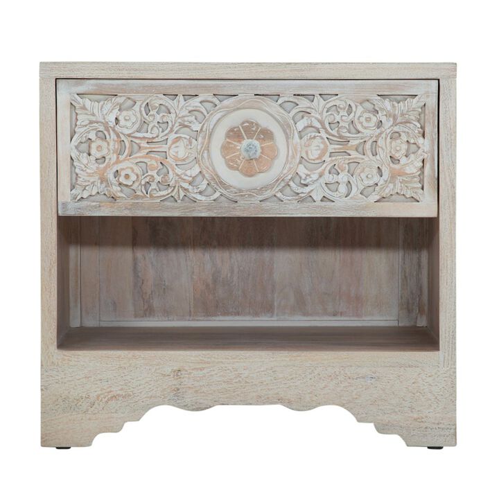 World Interiors Haveli 26" Plinth Base Nightstand in Carved Heirloom White