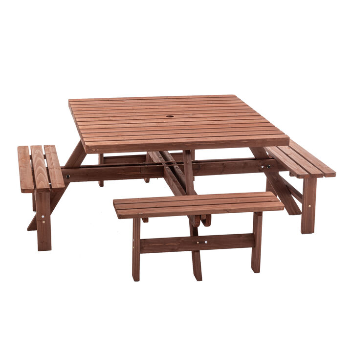 WOW PIONEER 8-Person Square Outdoor Picnic Table with Umbrella Hole Waterproof Sturdy Cross Structure Dining Set for Backyard Garden Camping Easy Clean