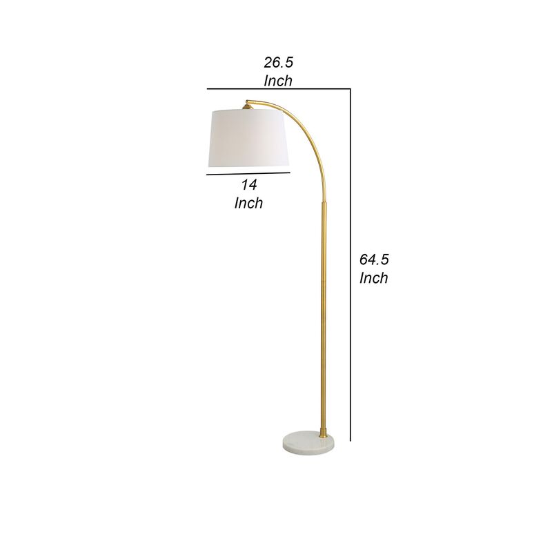 65 Inch Arc Floor Lamp with Adjustable Shade, Marble Base, Gold, White - Benzara