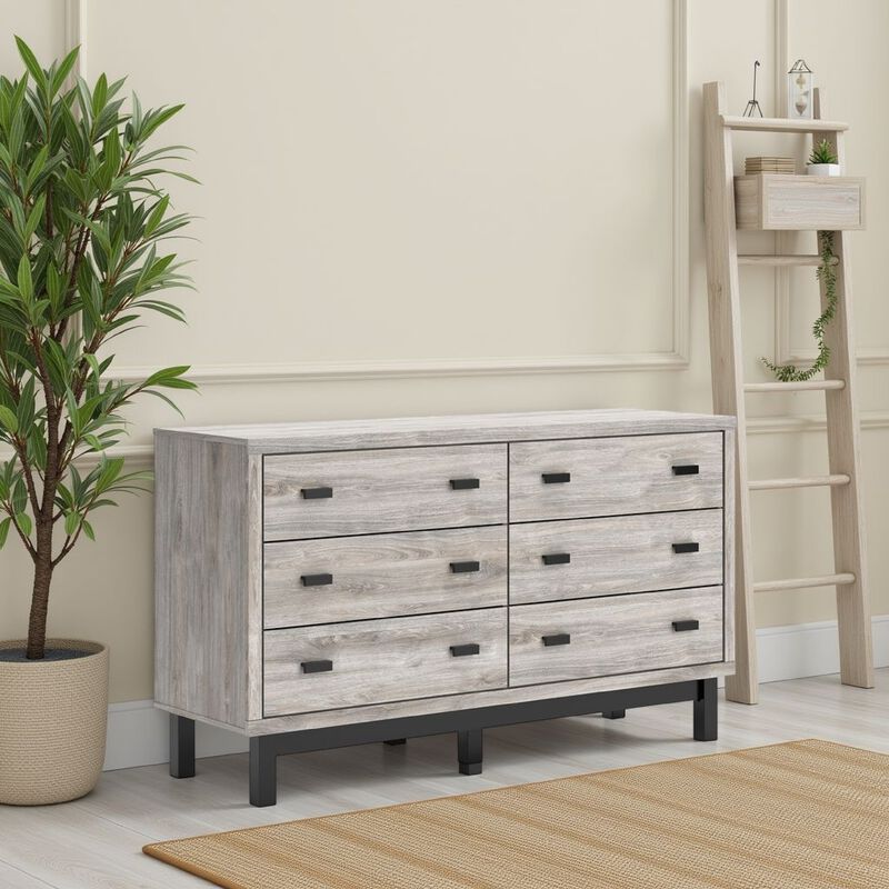 Veso 62 Inch Wide Dresser, 6 Drawers, Modern Light Gray and Black - Benzara