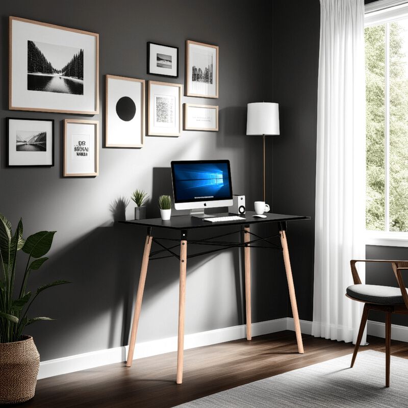 Laara Home Office Desk, Black, Brown Wood, Metal Leg Braces, 36 Inch - Benzara