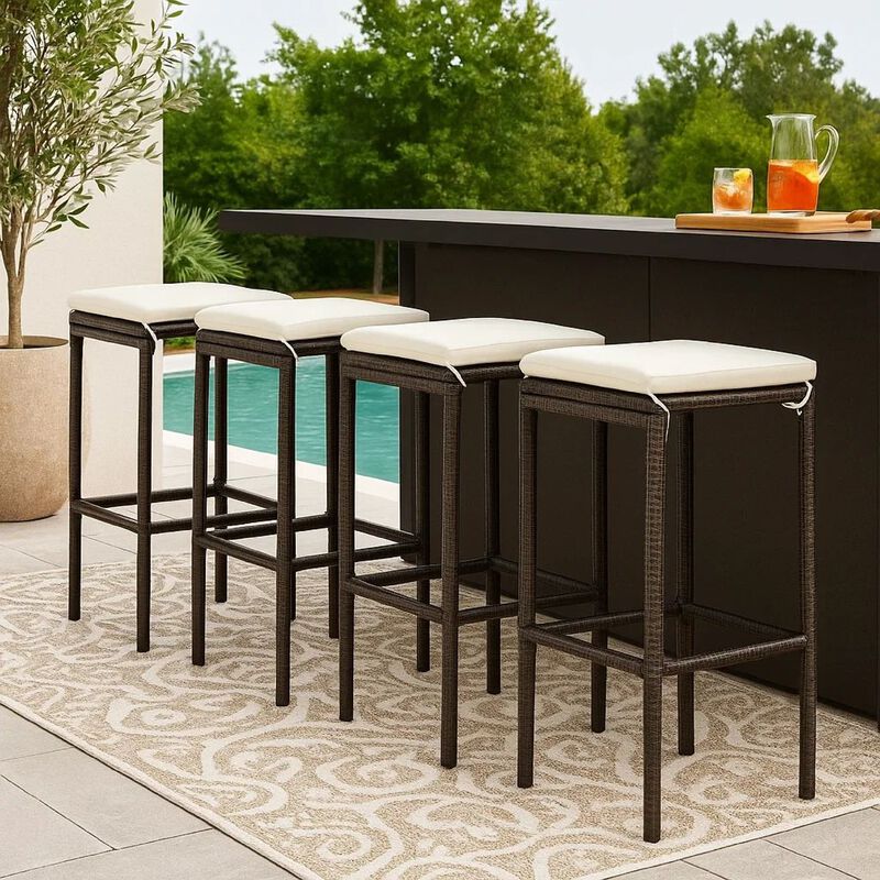 Vian Outdoor Barstool Set of 4, Brown Poly Rattan, Cream Polyester