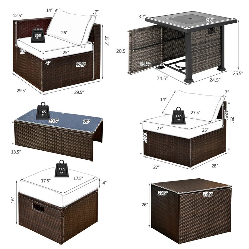 Mondawe Outdoor 9 Pieces Patio Furniture Set with 50,000 BTU Propane Fire Pit Table