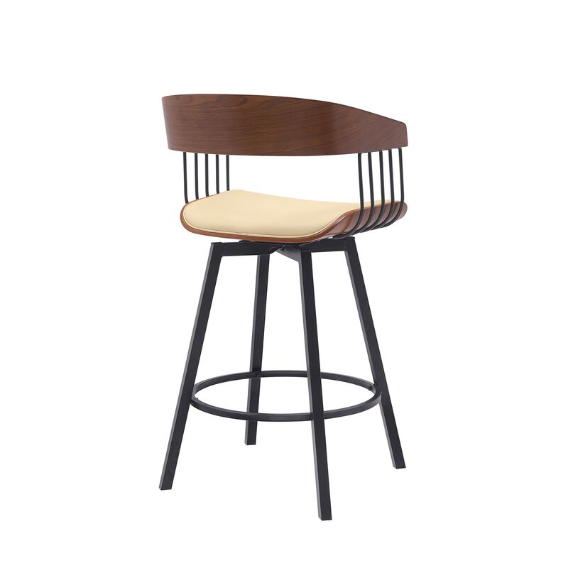 Vera 27 Inch Swivel Counter Stool Chair, Brown Open Back Cream Faux Leather - Benzara
