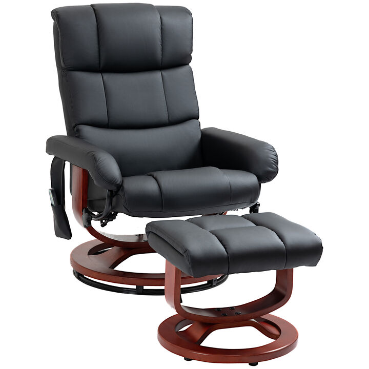 HOMCOM Massage Recliner Chair with Ottoman, Swivel Recliner and Footrest, Faux Leather Reclining Chair with Remote Control and Side Pocket, Black