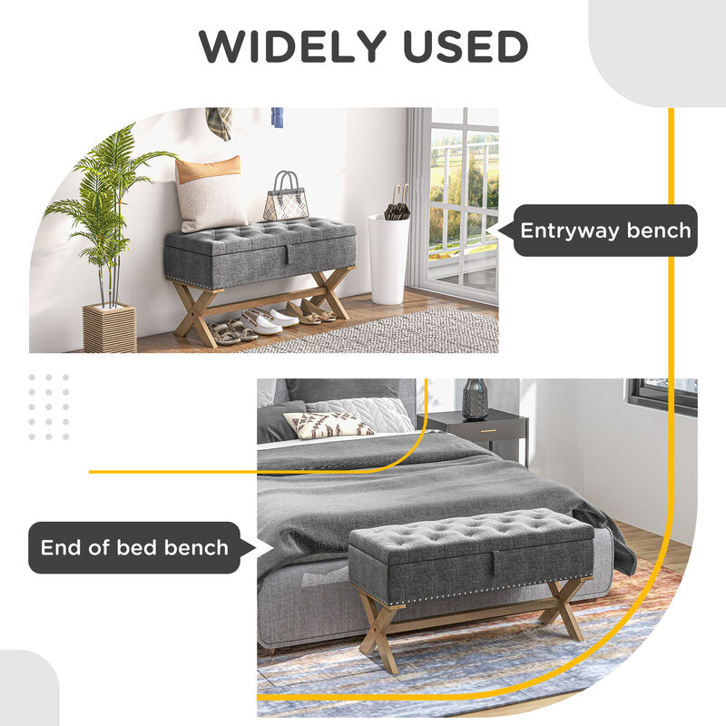 HOMCOM 35.75" End of Bed Bench with Button Tufted Design, Upholstered Ottoman Bench with Wood Legs for Bedroom, Gray