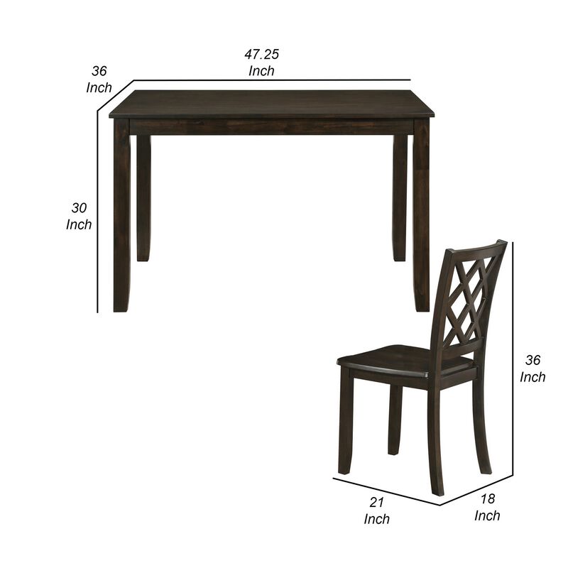 Ava 5pc Dining Table Set, 4 Lattice Back Chairs, Brown Rubberwood Frame - Benzara