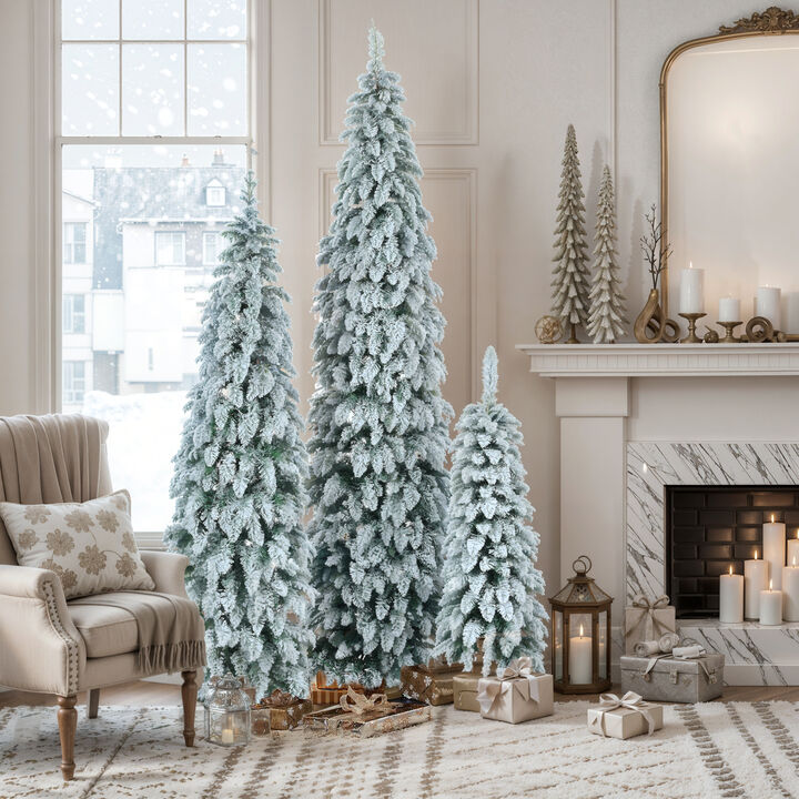 Whisen 8FT, 6FT, 4FT Pre-Lit Pencil Christmas Trees, 3-set Slim Artificial Christmas Tree With Snow Flocking, Xmas Holiday Decoration Tree, 1455 Branch Tips, 520 LED Lights