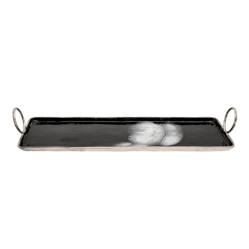 Tray with Metal and Ring Handles, Black and Silver - Benzara image number 1