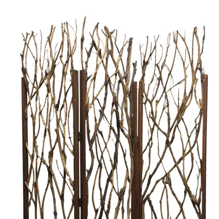 3 Panel Contemporary Foldable Wood Screen with Tree Branches, Brown-Benzara