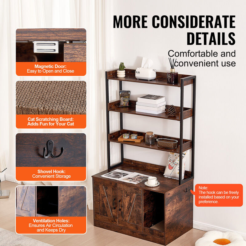 Cat Litter Box Enclosure &ndash; Wooden Hidden Litter Cabinet with Storage Shelves, Pet Furniture for Home and Apartment Use image number 6