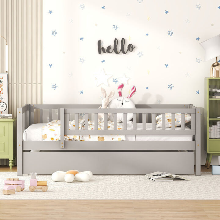 Whisen Twin Size Wood Daybed with Trundle & Guardrails, Solid Wood & MDF Low Profile Bed for Kids Bedroom