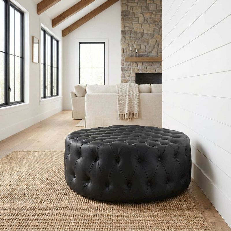 Black Vinyl Ottoman, Contemporary Upholstered Seat for Lounge image number 3