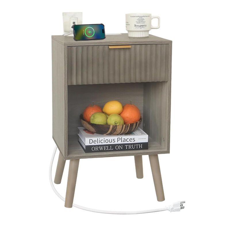 Fultyle Grey Wood Nightstand with Charging Station, Modern Bedside Table with Fluted Drawers and Storage Shelf, End Side Tables