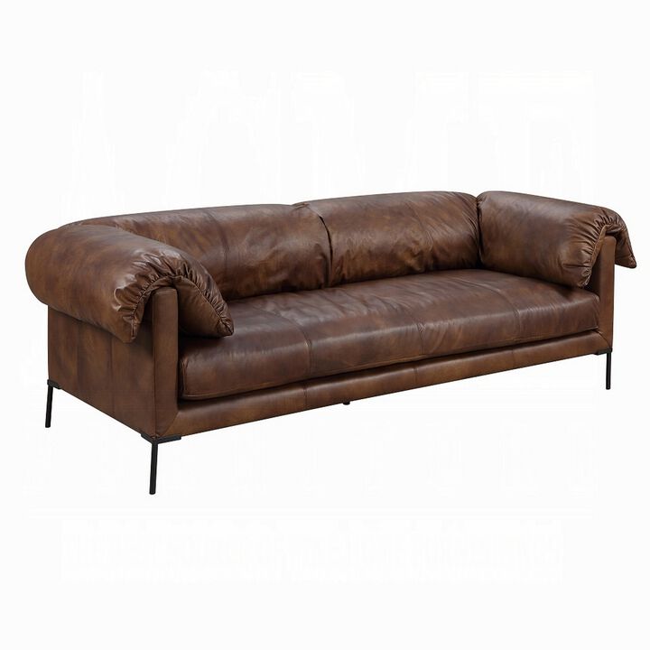 Sofa, Classic 96 Inch, Black Metal Legs, Mocha Brown Top Grain Leather