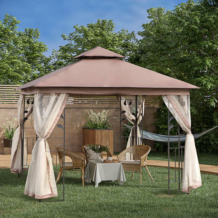 10' x 10' Outdoor Patio Gazebo Canopy with 2-Tier Polyester Roof, Netting, Curtain Sidewalls, and Steel Frame, Brown