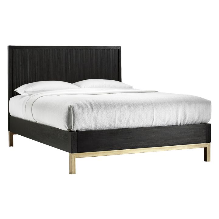 Carl Mahogany Wood Platform Queen Bed, Brass Metal Base, Oak Black, Gold - Benzara