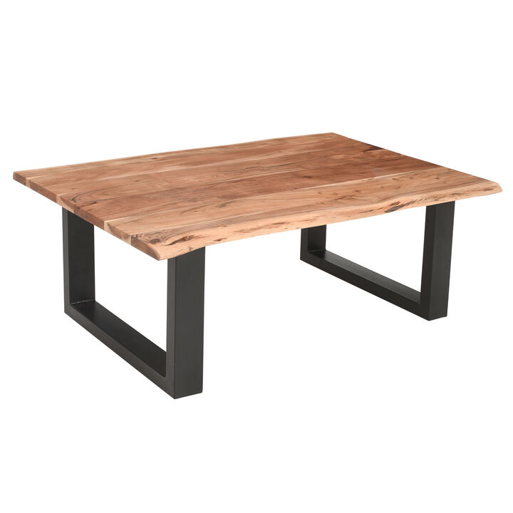 45 Inch Acacia Wood Rectangular Coffee Table, Live Edge Details, Black Powder Coated Metal Sled Base, Natural Brown