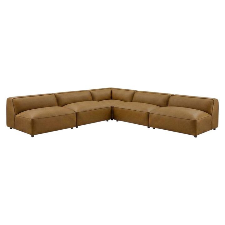 Vegan Leather Modular L-Shaped Sectional Couch for Living Room, Camel, 5 Pc
