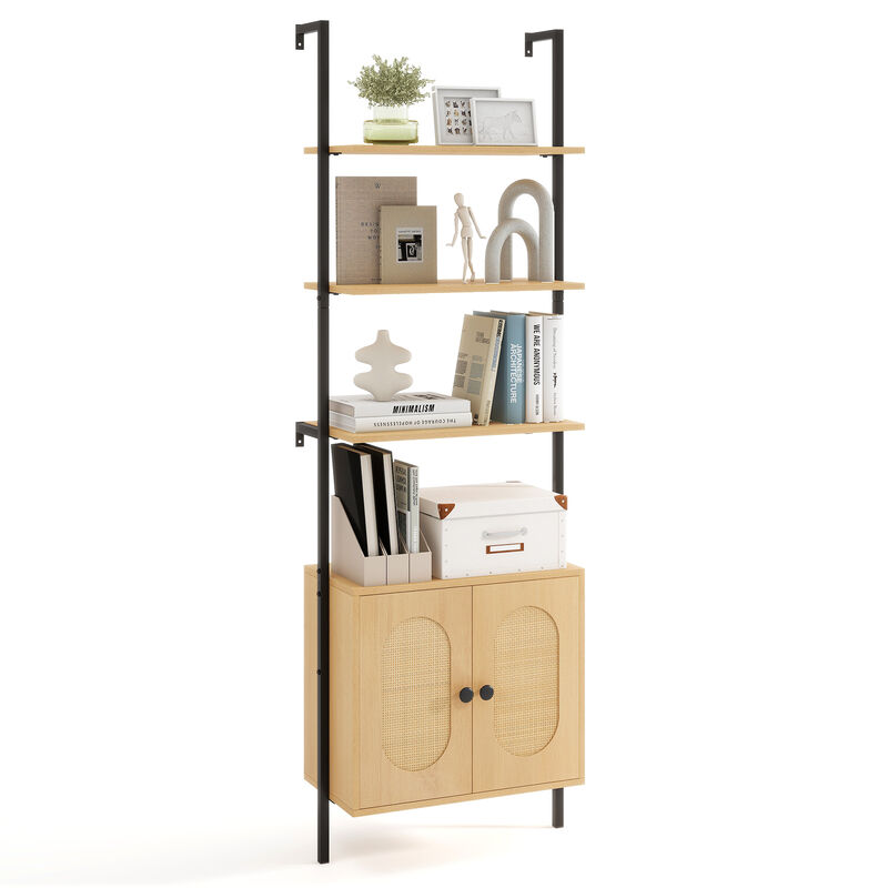 6-Tier Wall Mounted Ladder Bookshelf with Rattan Cabinet