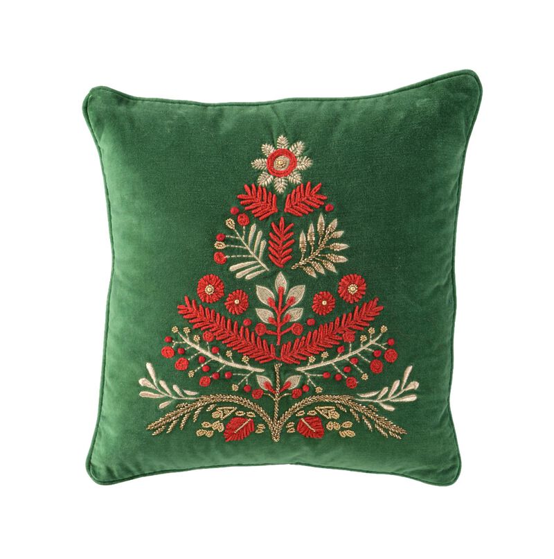 HomeRoots 18" Green And Red Floral Velvet Cotton Christmas Tree Throw Pillow image number 0