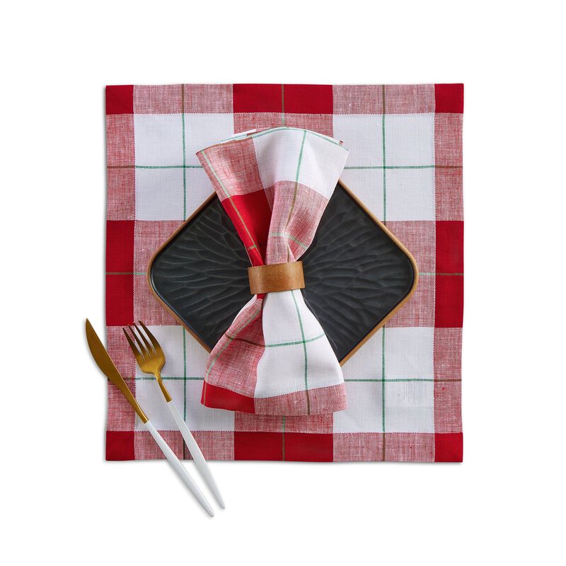 Solino Home Very Merry Plaid 100% Linen Square Placemats &ndash; Set of 4, 14 x 14 in, Machine Washable, Holiday and Everyday Dining