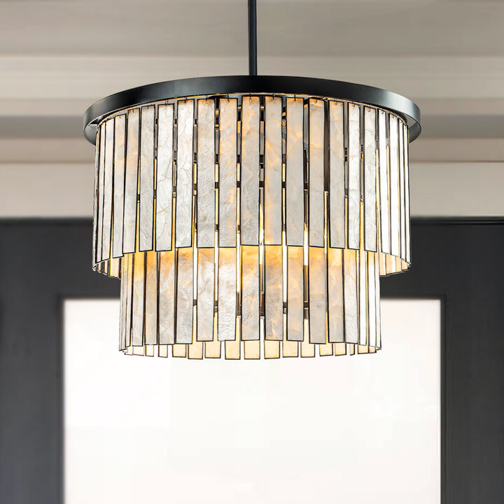 Matte Black Coastal Natural Capiz Round 5-Light Chandelier