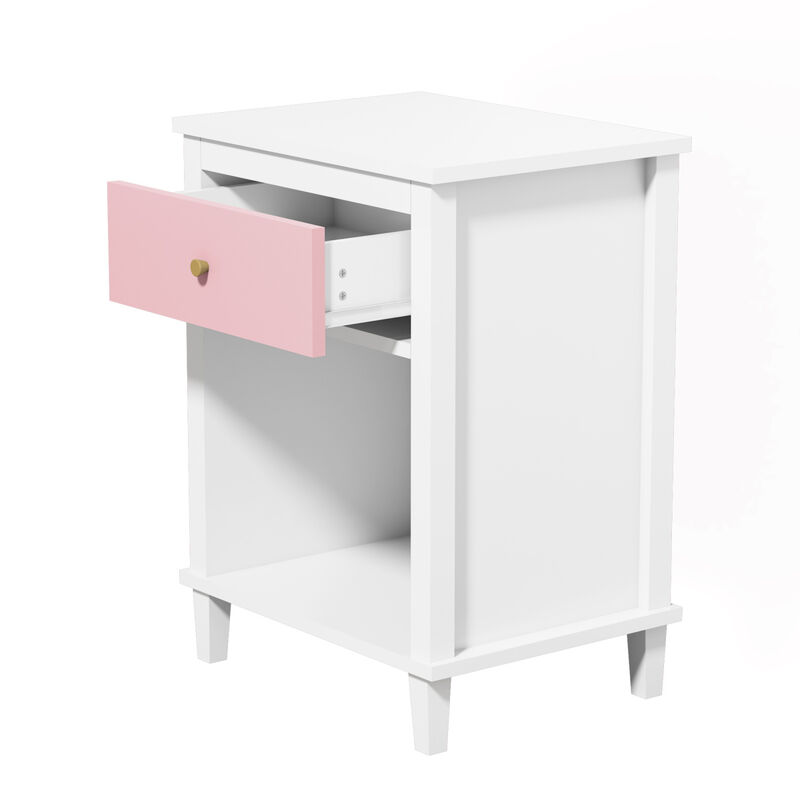 Wooden Nightstand with One Drawer One Shelf for Kids, Adults, Pink