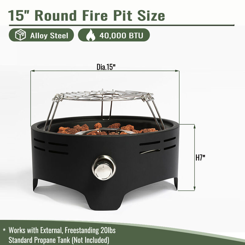 15 Inches Propane Tabletop Gas Fire, 40000 BTU Portable Round Steel Fire Pit