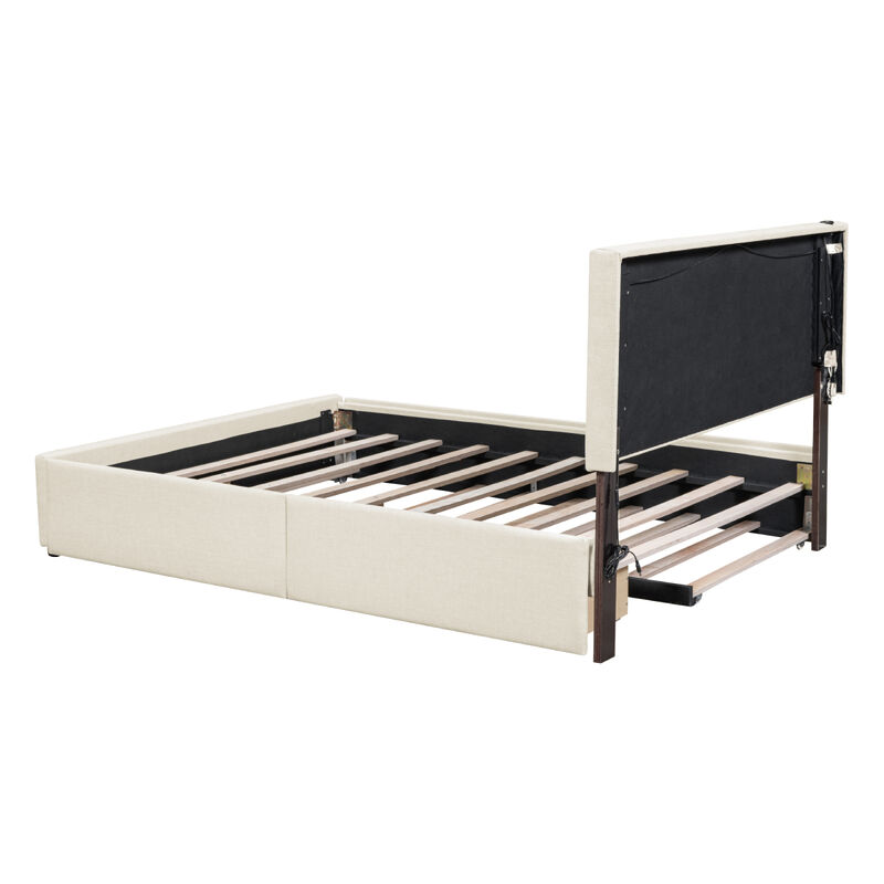 Queen Size Upholstered Platform Bed with Trundle and Drawers, Beige